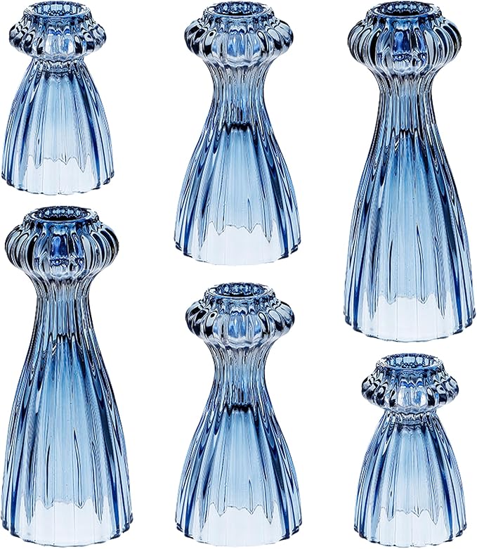 Lysenn Glass Candlestick Holders, Taper Candle Holders Set of 6, Dark Blue