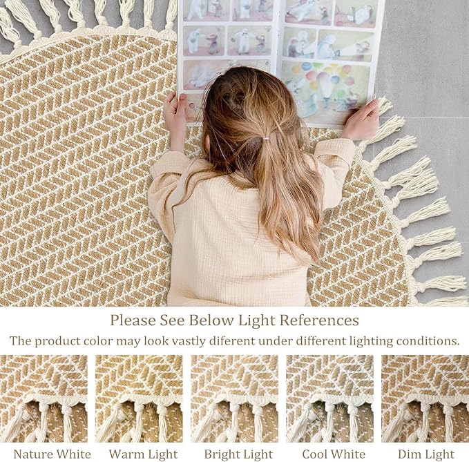 Lahome Boho Round Rug 3ft, Small Circle Washable Rugs for Entryway Kitchen | Indoor Door Bath Mat Woven Cotton with Tassels, Farmhouse Decor Area Rug Non Shedding Carpet for Bedroom Entry Dorm, Khaki