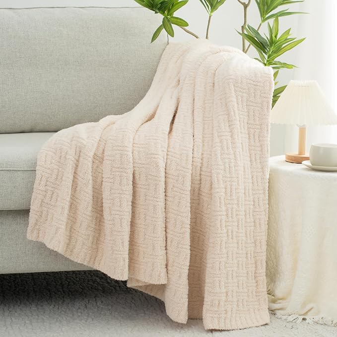 White Ultra Soft Knit Throw Blanket for Couch,50"X60" Microfiber Fluffy Cozy Warm Knitted Blankets with Checked Pattern for Sofa Bed