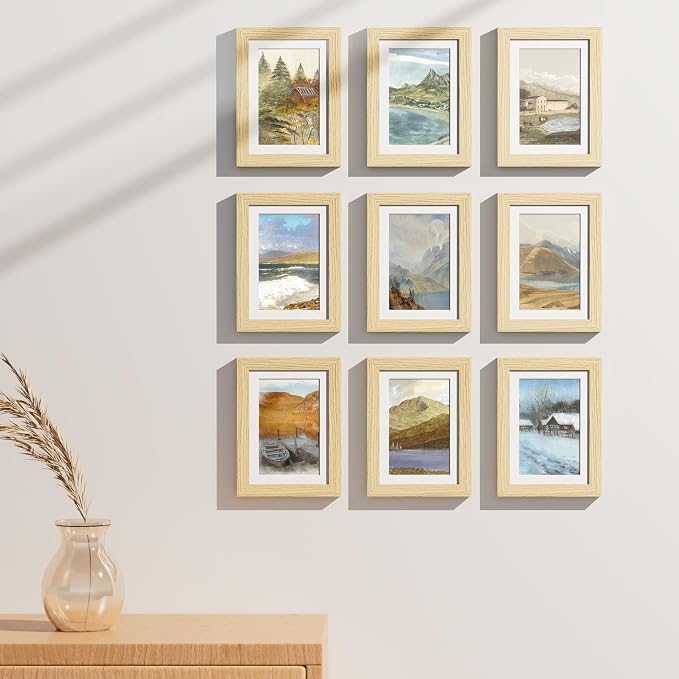 Vittanly 5x7 Picture Frames Set of 9 for Wall or Tabletop Display, OAK | Display Pictures 4x6 with Mat or 5x7 without Mat, Small Photo Frames, Engineered Wood with Shatter Resistant Plexiglass
