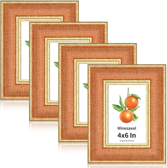 4x6 Picture Frame - Orange Fabric & Vintage Gold Border HD Real Glass with Easel for Tabletop/Wall (Family Photos, Farmhouse Decor 4 Pack)