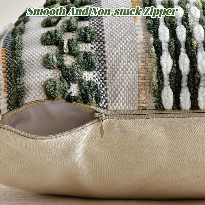 AmHoo Chenille Striped Textured Boho Throw Pillow Covers Aesthetic with Tassels Woven Decorative Pillow Case for Couch Bed Sofa Bedroom Modern Funky 18 x 18-Inch Sage Green