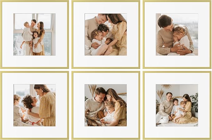 eletecpro Aluminum Gallery Wall Frame Set of 6 with Glass Cover, Gold | 12 x 12 Metal Photo Frames Display 8x8 Photo with Mat or 12x12 without Mat, Picture Frame Collage Wall Decor