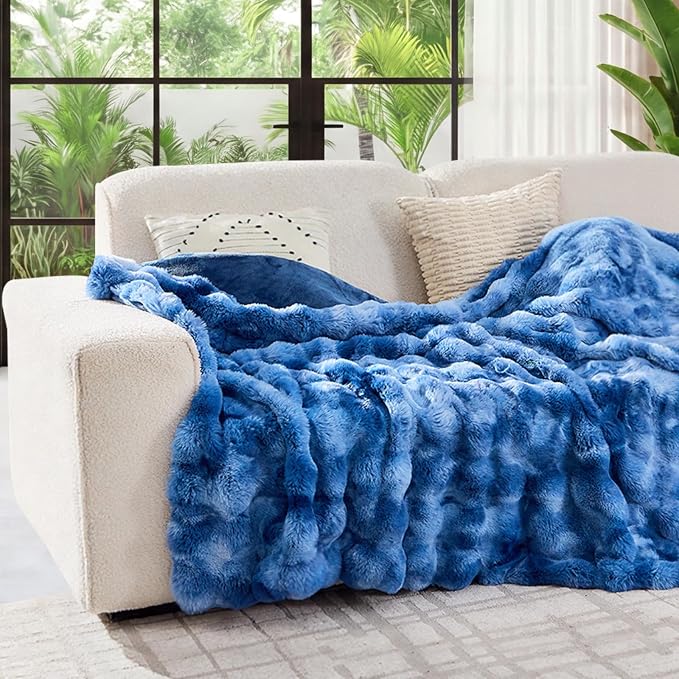 Lotus Karen Faux Fur Throw Blanket Tie-Dye Blue - Big Bubble Rabbit Fluff Blanket for Couch, Large Fluffy Fuzzy Cozy Blanket,Thick Furry Plush Shaggy Blankets,108x90 Inches