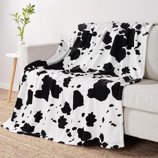 Cozy Bliss Cow Print Fuzzy Throw Blanket for Couch - Thick Soft Warm Non Shedding Fleece Blankets for Western Décor Room, for Kids, Women Men Girls, Black & White 50"*60"