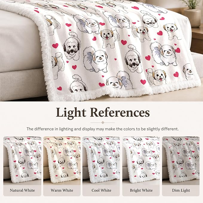 BlessLiving Throw Blanket, White Dog Animal Snowball, 50x60 Inches | sherpa fleece fabric, Shih Tzu Dense Pet Blankets Puppy print, for couch or sofa, pet lovers, easy machine care