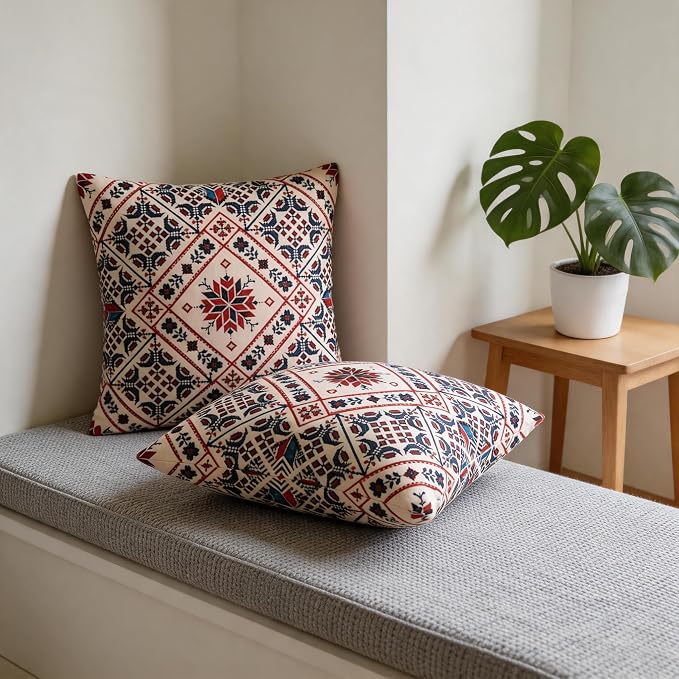 Boho Throw Pillow Covers 18x18 Set of 2 Red Blue Rustic Geometric Decorative Cushion Covers with Hidden Zipper, Soft Polyester Double Sided Machine Washable, No Insert