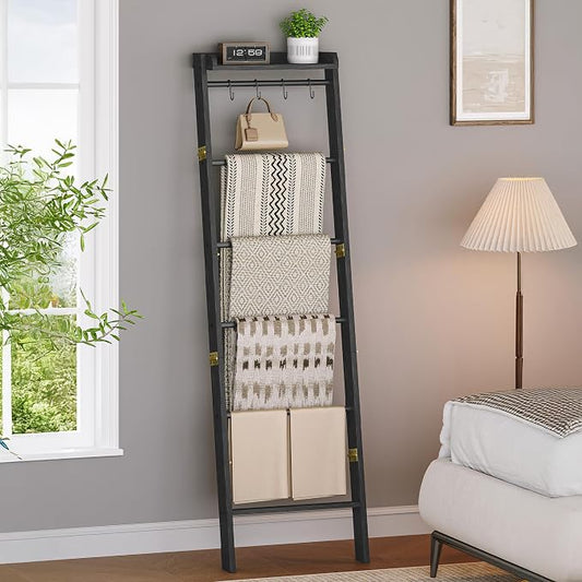 Hzuaneri Blanket Ladder Shelf, Farmhouse Ladder Holder, Blanket Organizer | 7-Tier Decorative Quilt Rack with 4 Removable Hooks 7.9" D x 17.3" W x 66.9" H, Black BR36804B