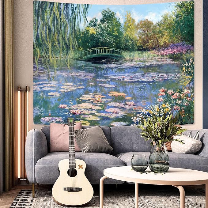 Accnicc Monet Water Lilies Tapestry Green Floral Plant Tapestries Aesthetic Monet Wall Art Posters Nature Flower Garden Landscape Small Tapestrys for Bedroom Living Room Dorm 60 x 44 Inch