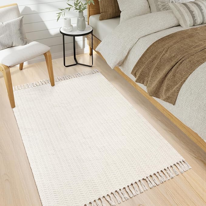 Lahome Boho Bathroom Rugs, 3x5 Washable Area Rug for Kitchen Bedroom Entry | Bath Door Mat with Tassels Woven Cotton, Farmhouse White Beige Low Pile Throw Carpet for Entryway Living Room Laundry Decor