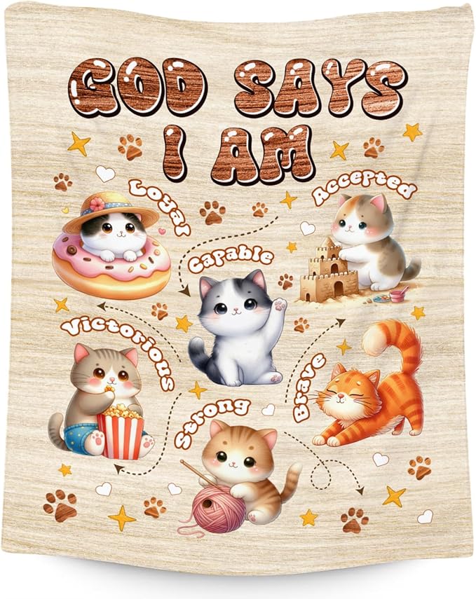 Cat Blankets for Cat Lovers, Cat Themed Gifts for Girls Boys Women Adults, Cat Blanket with Cats on It, God Says I Am Blanket for Kids Daughter Son, Fleece Throw Blankets for Living Room, 60"x80"