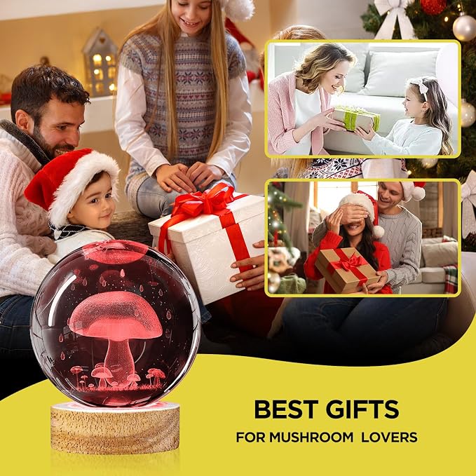 3D Mushroom Crystal Ball Night Light 3.15 inch Glass Ball Lamp with 16 Color Changing Wooden Base and Remote Cute Mushroom Room Table Decor Ideal Gifts for Kids Friends Birthday Christmas
