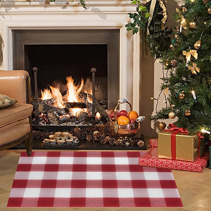 Buffalo Plaid Area Rug, Checkered Rug 3x5 Ft, Red and White Rug, Washable Cotton Mat for Front Porch, Entryway, Kitchen, Living Room, Christmas Decor
