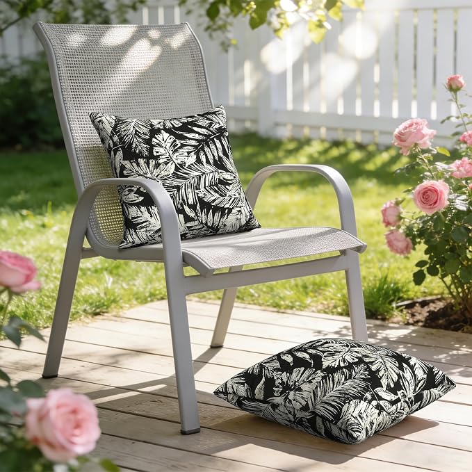 Outdoor Throw Pillow Covers 18x18 Inch, Decorative Pillow Covers for Patio Furniture, Tropical Leaf Black Modern Cushion Cases for Garden Couch Home Sofa, Pack of 2