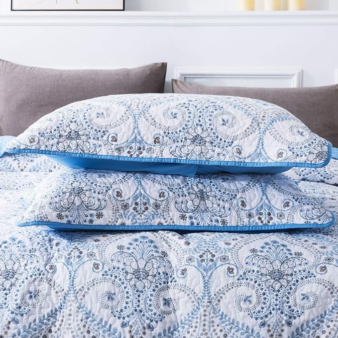 NEWLAKE Cotton Bedspread Quilt Sets-Reversible Patchwork Coverlet Set, Blue Classic Royal Pattern, Queen Size