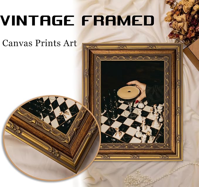 Vintage Gold Framed Martini Bar Wall Art, Moody Cocktail and Chess Canvas Print, Dark Espresso Martini Painting Picture, Chessboard Aesthetic Poster Print Artwork for Kitchen Dining Room Home Bar