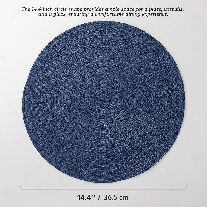 BARoyal Round Placemats Set of 12 Woven Placemats Washable Braided Table Mats for Dining Table Heat Resistant Non-Slip Circle Place Mats(Navy Blue)