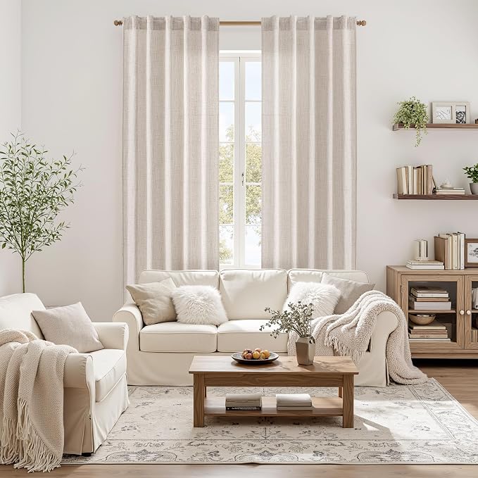 MIULEE Faux Linen Curtains 90 Inch Length 2 Panels Natural Beige Semi Sheer Curtain with Back Tab Rod Pocket, Light Filtering Window Privacy Burlap Drapes for Living Room Bedroom 42W x 90L