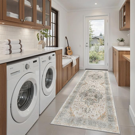 Madane Washable Runner Rug 2x6 Runners for Hallways Soft, Light Taupe Brown | Vintage Stain-Resistant 6 Feet Kitchen Rug, Non Slip Low-Pile Thin Floor Carpet Mat for Bathroom Laundry Room Bedroom 2x6ft