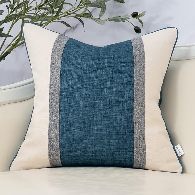 Yangest Patchwork Pillow Cover 20x20 Inch Luxury Cotton and Linen Cushion Cover Square Pillowcover for Couch Bedroom Living Room, Blue