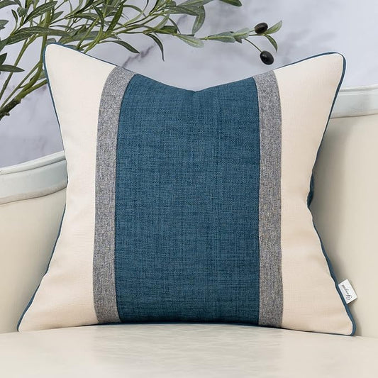 Yangest Patchwork Pillow Cover 20x20 Inch Luxury Cotton and Linen Cushion Cover Square Pillowcover for Couch Bedroom Living Room, Blue