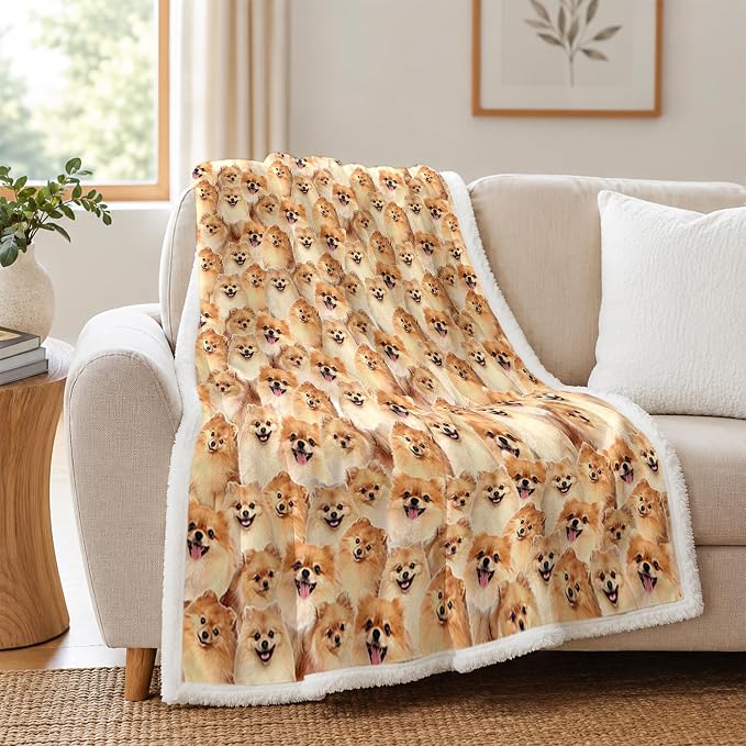 BlessLiving Throw Blanket, Dog Animal Gift, 60x80 in | sherpa fleece fabric, Pomeranian Golden Dense Pet Blankets Puppy print, for couch or sofa, pet lovers, easy machine care