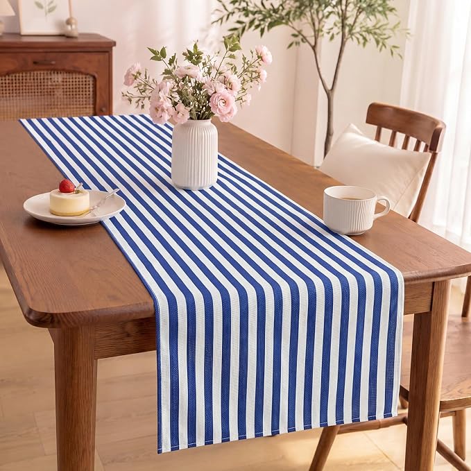 6 Pcs Navy Blue and White Stripe Table Runner, 13 x 72 Inch | Linen Kitchen Dining Room Home Decoration, Summer Farmhouse Table Runner for Wedding Birthday Party Decor