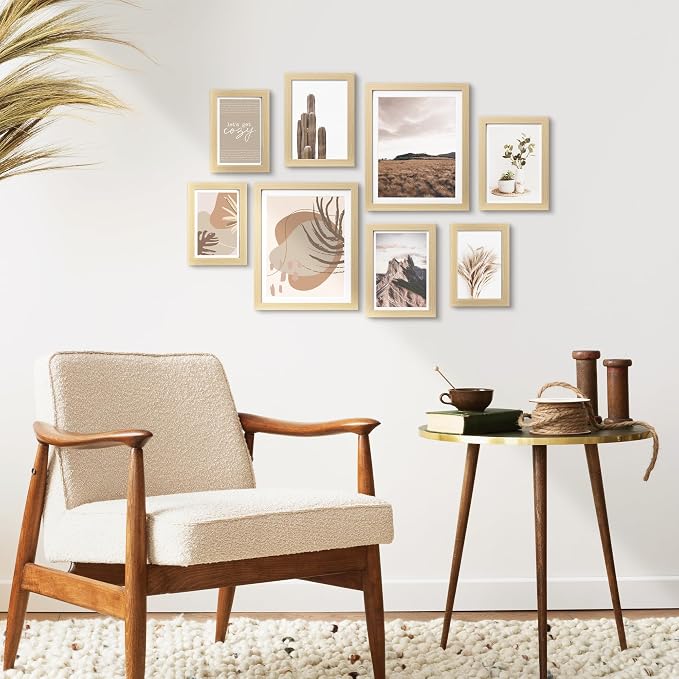 Gallery Wall Frame Set, 8 Pack Neutral Wall Decor, Beige, Small | Natural Collage Picture Frames Wall Art for Living Room, Entryway, Stairway, Bedroom, Assorted Size