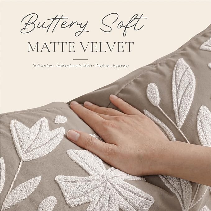 BlissBlush Decorative Lumbar Pillow Cover 12x20, Light Taupe Accent Velvet Throw Pillowcase for Couch Sofa Living Room, Floral Tufted Rectangular Cushion, Cover Only