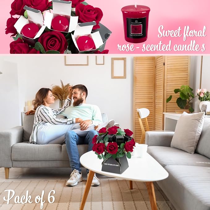 DECO EXPRESS Rose Scented Candles Gift Set for Women, 10 Artificial Flowers Bouquet & Pack of 6 Candles Set (Red Roses)