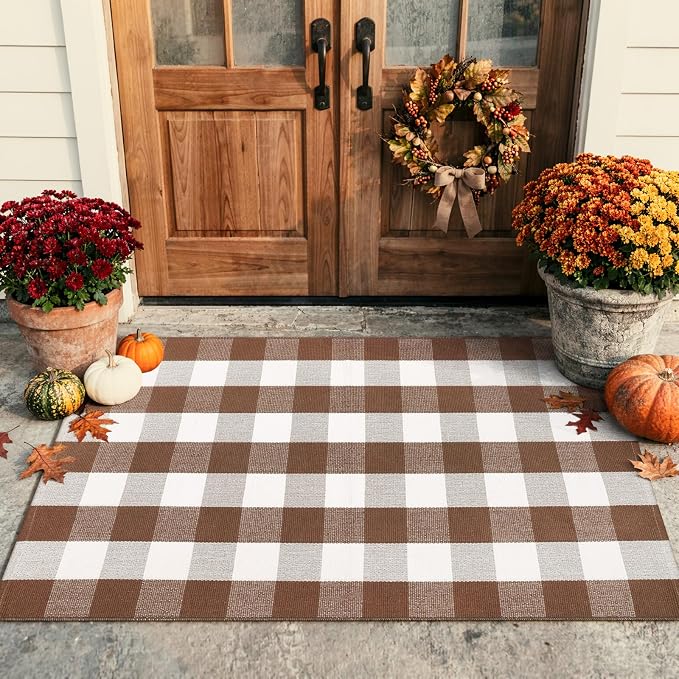 LEEVAN Fall Buffalo Plaid Outdoor Rugs 3x5, Brown and White Porch Rug | Washable Woven Welcome Layered Modern Farmhouse Checkered Entryway Door Mat for Kitchen Bathroom Fall Front Door