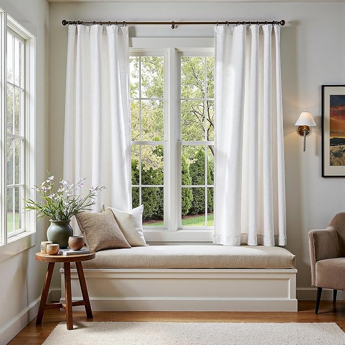 jinchan Linen Curtains Light Filtering Back Tab 50x72 Inch 2 Panels White | Semi Sheer Curtains 72 inch length for Bedroom Living Room, Modern Farmhouse Drapes with Rod Pocket, Natural Boho Curtains