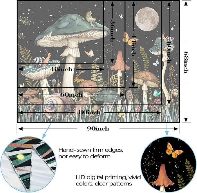 Zussun Green Mushroom Tapestry Moon Star Tapestries for Bedroom Aesthetic Starry Night Plant Tapastrys Wall Hanging Butterfly Snail Frog Wall Tapestry for Living Room Dorm (Dark, 60" x 44")