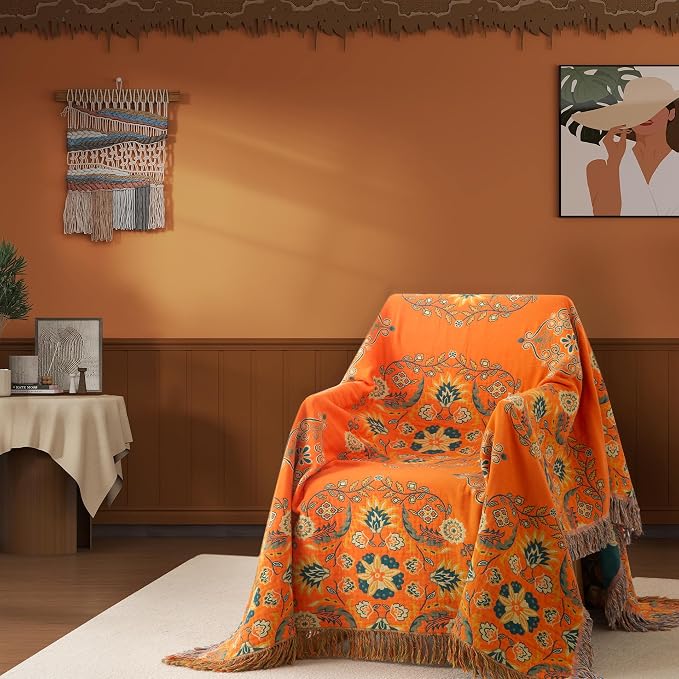 Phuryllic Boho Throw Blanket Full Size, Extra Large Soft Cozy Cotton Muslin Quilt Blanket for Bed Decor, Floral Patterned Couch Sofa Chair Cover, Vintage Farmhouse Cottage Woven Blanket, Orange&Green
