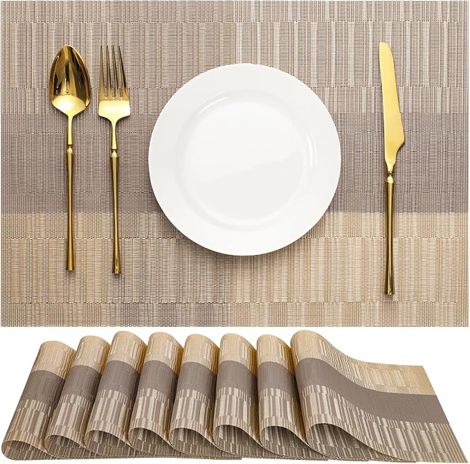 Placemats Set of 8, Vinyl Woven Heat-Resistant Place Mats | Washable Wipeable PVC Table Mats, Non Slip Placemat for Kitchen Dining Indoor Outdoor Table (Gray Gold, Set of 8)