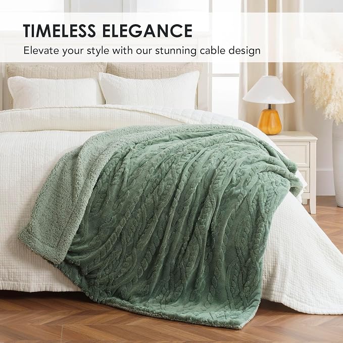 EverGrace Jacquard Reversible Sherpa Throw Blanket, 50" x 60", Sage Green | Jacquard Sherpa Throw Blanket, Super Soft, Cozy Plush Blanket, Reversible Thick Warm Throw for Bed, Sofa, Living Room