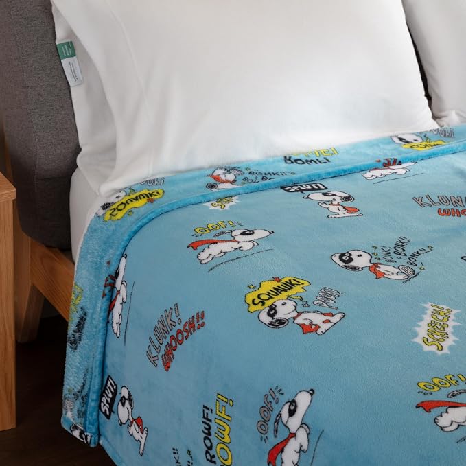 Berkshire Blanket Peanuts® VelvetLoft® Cute Character Snoopy Plush Blanket,Peanuts Large Masked Marvel Toss Happy Blue,King 90 in x 108 in (Official Peanuts® Product)