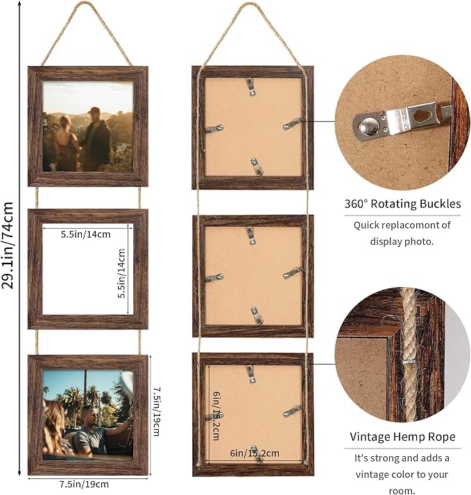 6x6 Collage Picture Frames Set of 2, Rustic Wooden Real Glass Vertical Hanging 3 Opening 6 by 6 Photo Frame, Distressed Brown