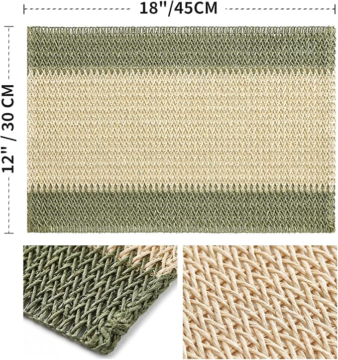 Artoid Mode Dark Green Paper Woven Farmhouse Stripe Placemats Set of 4,12x18 Inch Seasonal Holiday Table Mats Party Kitchen Dining Decoration