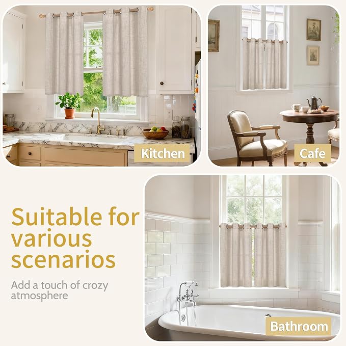 YoungsTex Short Linen Curtains 34x48 Inch Long for Kitchen Window 2 Panels | Light Filtering Semi Sheer Drapes with Bronze Grommet Textured Privacy for Bathroom Windows