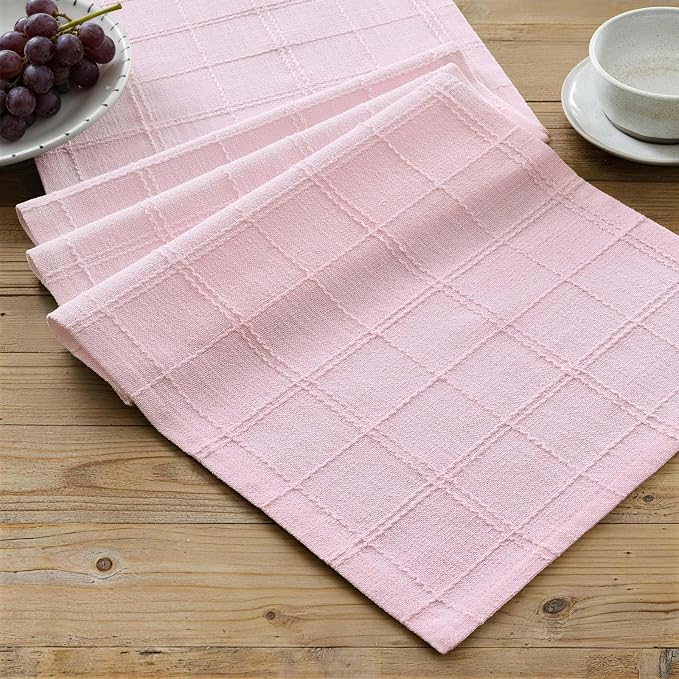 ZeeMart Linen Checked Farmhouse Table Runner, 13x48 Inches Pink | Raised Grid Design, Rich Woven Texture, Linen Blend Table Runners 48 Inches Long, Machine Washable, Boho Home Kitchen Decor