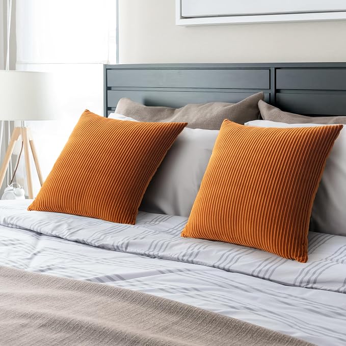 YCOLL Burnt Orange Pillow Covers 22x22 Set of 2 Velvet Striped Pattern - Soft Throw Pillows for Home Decor, Luxury Decorative Pillow Covers for Couch, Bed,Living Room