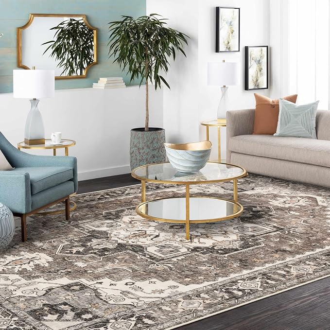 Washable Living Room Area Rug - 8x10 Large Bedroom Rug Distressed Oriental Non-Slip Non-Shedding Print Floor Carpet for Dining Room Kitchen (Beige, 8 x 10)