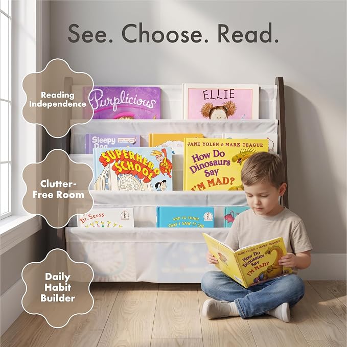 Humble Crew Kids Bookshelf, Montessori Front Facing Toddler Bookcase 4 Tier | Book display rack and reading nook organizer, nylon pockets show covers face out, compact for any playroom or bedroom space