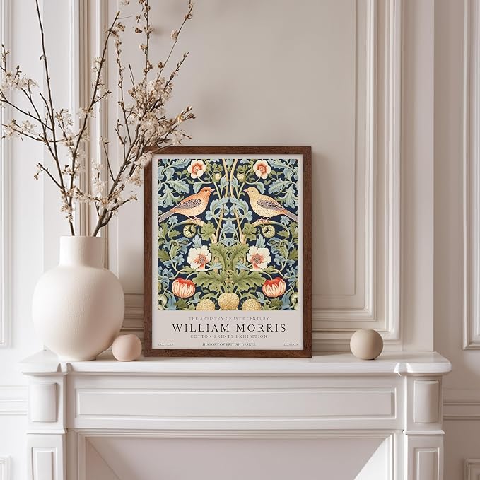 Poster Master William Morris Poster - Strawberry Thief Print - Bird Art - Botanical Art - Flower Artwork - Exhibition Creation - Animal Piece - Floral Illustration - Office or Bedroom Wall Decor - 11x14 Brown Framed