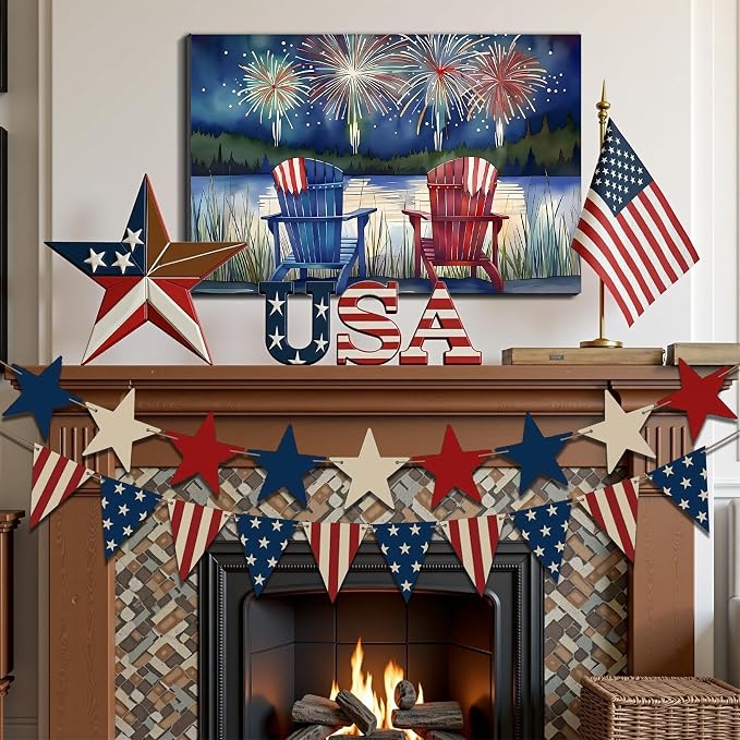 Framed 4th of July Fireworks Adirondack Chair Wall Art, Patriotic Lake Canvas Art Pictures, USA Flag Wall Decor, Made in USA Ready to Hang for Living Room Porch
