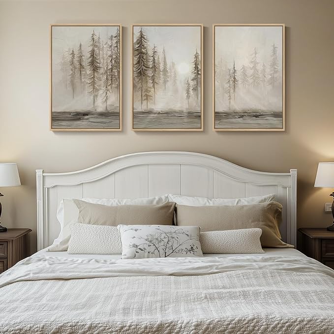 Large Framed Neutral Abstract Landscape Wall Art for Living Room, 24x36 In | Forest print, Pine tree picture, 3 piece, Modern, Canvas artwork, wall art bedroom, Dining room wall decor, Solid wood frame