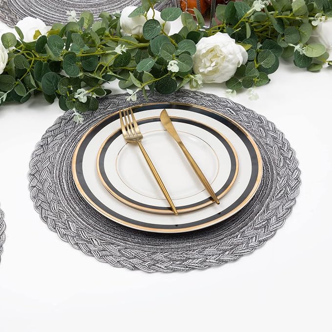 SHACOS Round Placemats Set of 4 Boho Braided Border 15 inch Circle Place Mats Washable Fabric Table Mats for Kitchen Dining Table, Gray