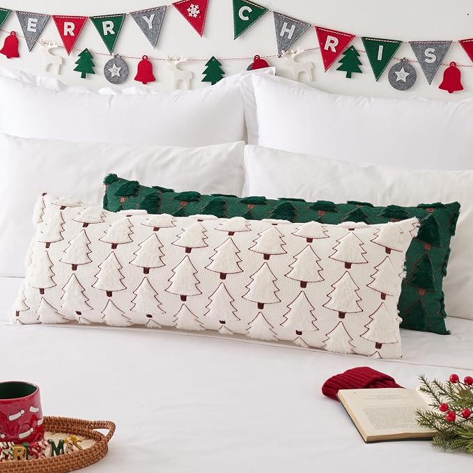 Kevin Textile Christmas Tree 14x36 Inch Long Lumbar 1 Pack Luxury Embroidery Soft Plush Faux Fur Rectangle Cushion Case for Couch Sofa Holiday Festivals Winter Xmas Gift, Cream White & Red