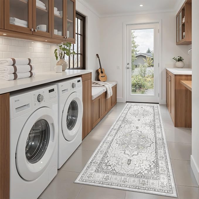 Madane Washable Runner Rug 2x6 Runners for Hallways Non Slip, Grey | Vintage Stain-Resistant 6 Feet Kitchen Rug, Soft Low-Pile Ultra-Thin Floor Carpet Mat for Bathroom Laundry Room Bedroom 2x6ft